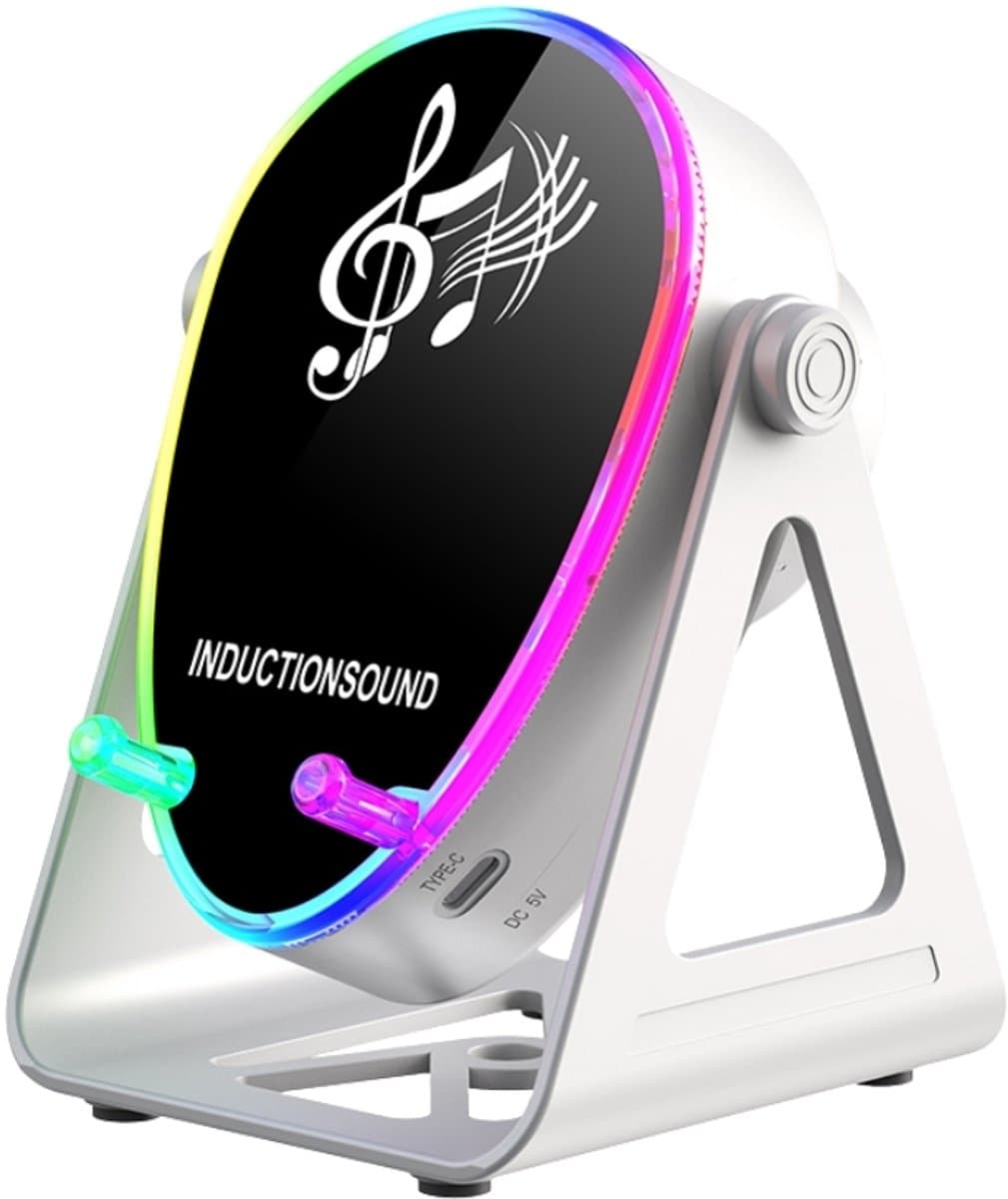 Fivesquare Wireless Mini RGB Speaker – 5W Sensor Induction Audio, 15W Wireless Charging & 180° Telefoonstandaard Witte — afbeelding 1