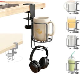 2 in 1 Bekerhouder met Hoofdtelefoon Hanger - 360 Swivel - Clip-on Tafel - Voor Bureau of Tafel - Genoeg om Koffiemokken, Waterflessen, Hoofdtelefoon - Bureau Cup Houder Klem — thumbnail 1