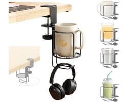 2 in 1 Bekerhouder met Hoofdtelefoon Hanger - 360 Swivel - Clip-on Tafel - Voor Bureau of Tafel - Genoeg om Koffiemokken, Waterflessen, Hoofdtelefoon - Bureau Cup Houder Klem