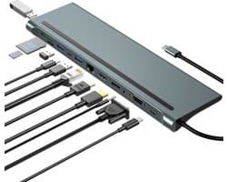 USB-C Dock 12-in-1 -Type-C Hub Triple Monitor Ondersteuning tot 4K - 100W Power Delivery - 4x USB 3.0 - SD/TF Kaartlezer - RJ45 Gigabit Ethernet - Audio Poort - Geschikt voor HP/Dell/MacBook Laptops