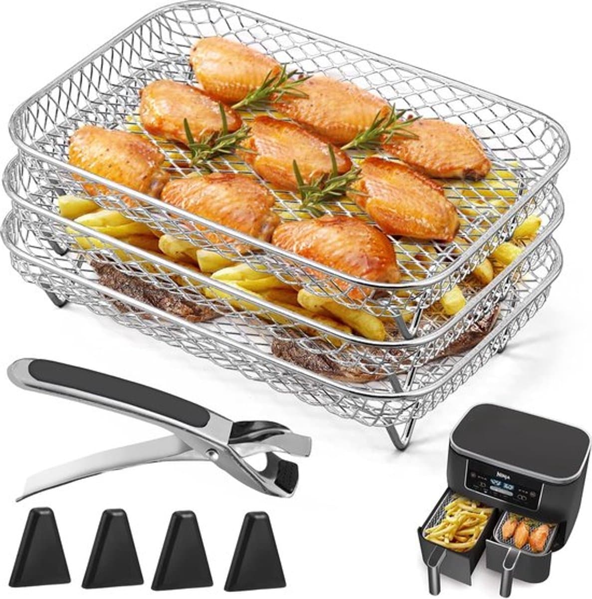 3 stuks gelaagde dehydrator rekken - Airfryer Rek - met clip en verhoogde voetjes - Dehydratorrek voor airfryer ove — afbeelding 1