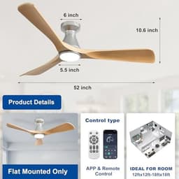 52 inch plafondventilator met licht en app-afstandsbediening – Dimbare ventilator voor lage plafonds met timer en ultra lichte DC-motor — thumbnail 2