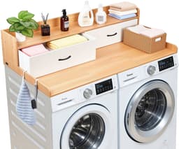 Werkblad voor Wasmachine en Droger - Opzetblad - Afmeting 137 x 69,9 cm - Met Opbergplank - Twee Lades - Haken - Draagvermogen 113 kg - Naturel Hout — thumbnail 1