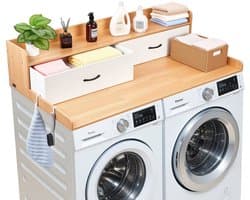 Werkblad voor Wasmachine en Droger - Opzetblad - Afmeting 137 x 69,9 cm - Met Opbergplank - Twee Lades - Haken - Draagvermogen 113 kg - Naturel Hout