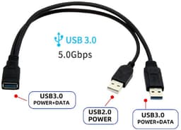USB 3.0 Vrouwelijk naar Dubbele USB Mannelijke Y-Kabel voor Extra Stroom en Data — thumbnail 2