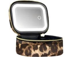 Make-uptasje met luipaardprint - Met LED-spiegel - 17,53 × 12,45 × 7,11 cm - Draagbare cosmetica-organizer - Opbergtas met grote capaciteit - Geschikt voor cosmetica, make-upkwasten, toiletartikelen, sieraden en digitale accessoires
