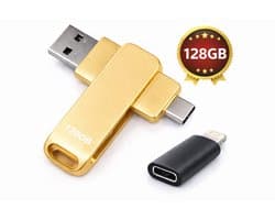 3 in 1 128 gb goud/geel multifunctionele usb stick, flashdrive plug & play - USB-C & USB-A & Lightning USB - USB 3.0 - Universeel - voor Smartphones, Tablets, Laptops etc. Voor Iphone 8,10,11,12,13,14,15,.ios,Android galaxy.opslag