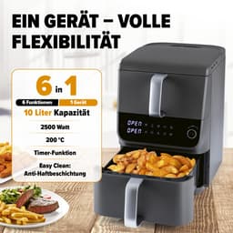 GOURMETmaxx FryUp dubbele kamer heteluchtfriteuse MultiSize - 10 l | verticale airfryer met 2 kamergroottes: minder verspilling van kookruimte | 10 programma's & led-touchdisplay | heteluchtfriteuse 2 kamers — thumbnail 8