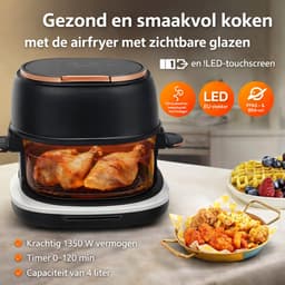 Sensova - Airfryer 4L - 1350W met Zichtbare Glazen Bakmand - LED-Touchscreen en Timer 0–120 min - Heteluchtfriteuse / Heteluchtoven 60-190 °C - PFAS- en BPA-Vrij - EU-stekker - Modern Zwart-Wit Design — thumbnail 3