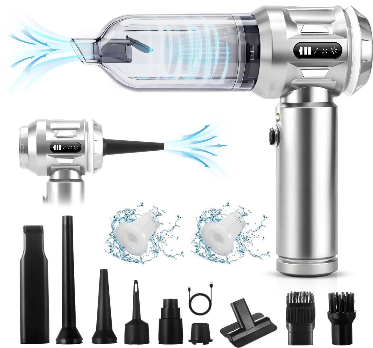 Glitzerlife Handstofzuiger, Accu, Mini-Stofzuiger, Draadloos, 25000 Pa, Handstofzuiger, Sterk, 4-In-1 Autostofzuiger Met Borstelloze Motor, 3 Standen, DraagGlitzerlife -bare Stofzuiger Voor Auto - Zilver-Wit — afbeelding 1