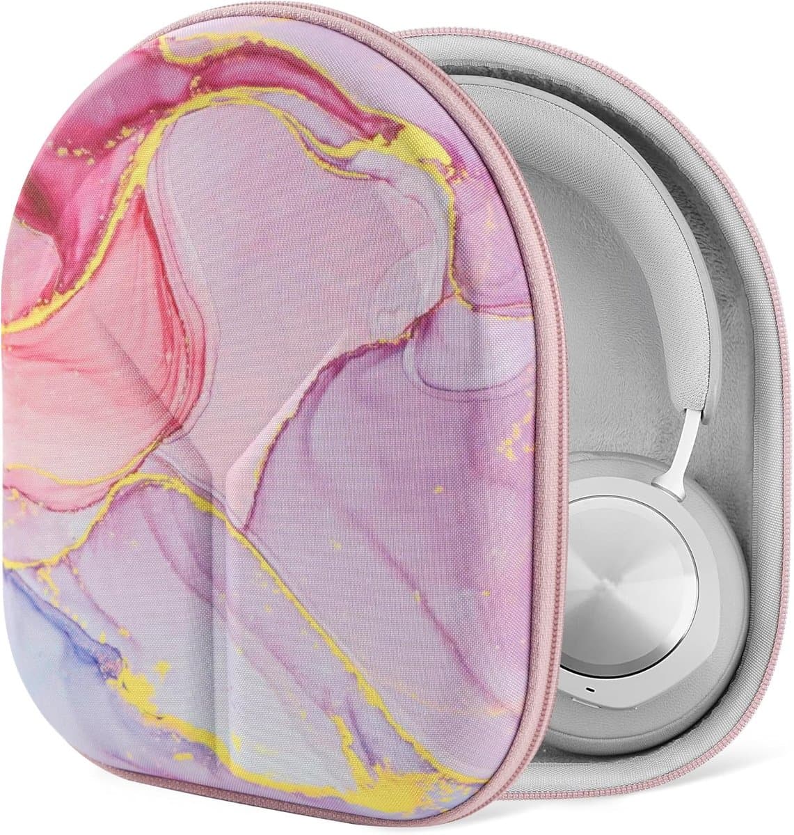 Koptelefoon Hoes - Reis Tas - Bescherming Onderweg - Harde Schaal - 21.5 x 18.5 x 6 cm - Roze Marmer — afbeelding 1