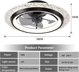 Crystal Ventilator Lamp - Zwart - 50 cm - LED - Dimbaar - Met Afstandsbediening en APP - 6 Snelheden - Stille Flush Mount Ventilator - Moderne Slaapkamerlamp — thumbnail 5