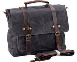 Vintage heren crossbodytas leer, geschikt voor een 15,6-inch laptop, gemaakt van gewaxt canvas en leer, zakelijke schoudertas - bruin.