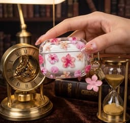 Transparant roze hoesje voor oordopjes dames met bloemen patroon en decoratieve hanger geschikt voor AirPods Pro 2 met ronde vorm en goudkleurige clip — thumbnail 4