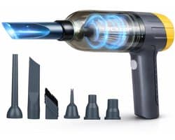 Dunlop Auto Stofzuiger Draadloos - Handstofzuiger met 5 Opzetstukken - USB-C Oplaadbare Auto Stofzuiger Snoerloos - Kruimeldief met 12000Pa Zuigkracht en Blaas Functie - Grijs/Geel