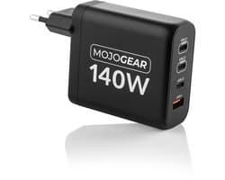 MOJOGEAR CHARGE+ 140 Watt oplader met 4 poorten USB / USB-C — Lader met USB Power Delivery — Oplader 140W voor o.a. laptop, smartphone, tablet — Laad al je apparaten tegelijk razendsnel op — Zwart