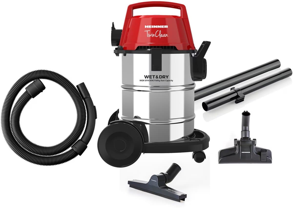 Heinner TwinClean Nat- en Droogzuiger 1400 W – Blaasfunctie – 21 L Capaciteit – 6 L Stofzak – RVS Reservoir – HEPA-filter – RVS/Zwart — afbeelding 1