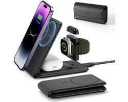 ESR Qi2 HaloLock 3-in-1 Draadloze Magnetische Oplader 15W | Compatibel met MagSafe | Made for Watch | Geschikt voor Apple iPhones, AirPods en Apple Watches | Reis Etui | Zwart