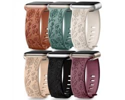 Gemengde kleur horlogebandjes 42mm (serie 1 / 2 / 3) / 44 mm / 45 mm / 46 mm (serie 10 / 11) / 49 mm (Ultra / Ultra 2) geschikt voor Apple Watch dames met bloemen gravure, siliconen smartwatch bandjes set van 6 vervangende horloge bandjes met gesp