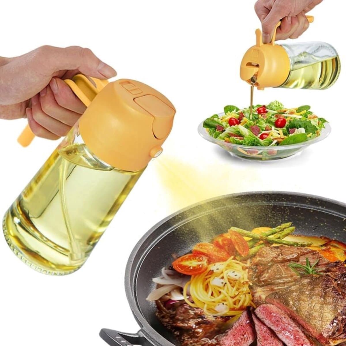 470 ml olieverstuiver en -dispenser 2-in-1 - olijfoliedispenser en schenker voor keuken - airfryer - salade - barbecue - geel — afbeelding 1