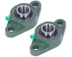 Twee flenslagerhuizen, 25 mm binnendiameter chroomstalen lagers, lineair zelfuitlijnend.