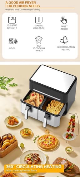 Airfryer XXL met Grill & Plancha - 12 Liter - 2800W - Vetvrij Frituren en Grillen — thumbnail 5