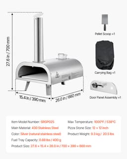 VEVOR Outdoor Pizzaoven 12 Inch Pelletpizzaoven, Draagbare Pizzaoven met Ingebouwde Thermometer, Houtgestookt, Pizzasteen, Pizzaschep en Draagtas, Roestvrijstalen Pizzamaker, voor Tuin en Kamperen — thumbnail 2