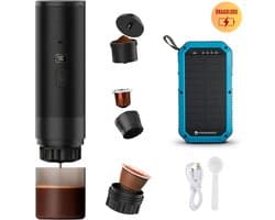 Best Active - 3-in-1 Draagbare Koffiemachine - Inclusief 10.000 mAh Solar Powerbank - Draagbaar Koffiezetapparaat - Cups en Gemalen Koffie - Draagbaar en Oplaadbaar - Espressomachine - Zwart