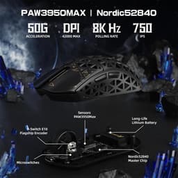 ATTACK SHARK R5 Ultra - Gamingmuis - Koolstofvezel Behuizing - 39g Ultralicht - HyperSpeed Draadloos - 2.4G / Bluetooth / USB-C Bedraad - PAW3950MAX Sensor - 8000Hz Pollingsnelheid - 42.000 DPI - Windows & Mac - Zwart — thumbnail 3