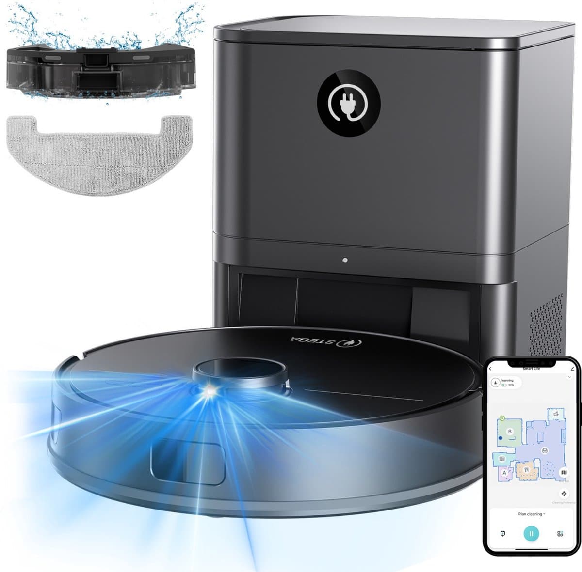 STEGA® RoboCleaner Max Robotstofzuiger met Leegstation en Dweilfunctie - LDS Lasernavigatie - Tot 150 min - APP — afbeelding 1