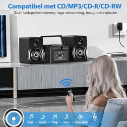 Stereo-installatie 40W met CD-speler & Cassetterecorder – 9-in-1 HiFi Muziekinstallatie met Bluetooth 5.1, FM-radio, USB, TF & Afneembare Houten Luidsprekers | Zwart — thumbnail 4