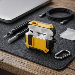 Geel robuust hoesje voor oordopjes met carbon look geschikt voor AirPods Pro 3 inclusief schoonmaakset en karabijnhaak – schokbestendig en duurzaam — thumbnail 3