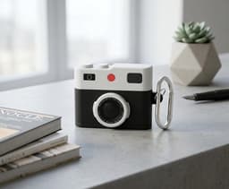 Zwart wit hoesje voor oordopjes unisex in retro camera vorm met karabijnhaak geschikt voor AirPods Pro 3 met reliëf details en compact ontwerp — thumbnail 2