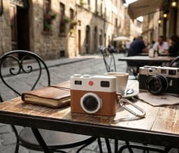 Bruin wit hoesje voor oordopjes unisex in retro camera vorm met karabijnhaak geschikt voor AirPods 4 met leerlook structuur en reliëf details — thumbnail 3