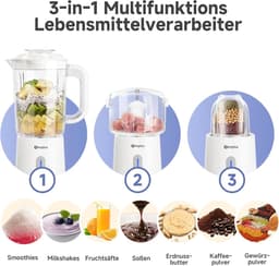 3-in-1 Blender - Keukenmachine Mixer - Smoothies Maken - 3 Speciale Containers - 125 Liter - Wit — thumbnail 5