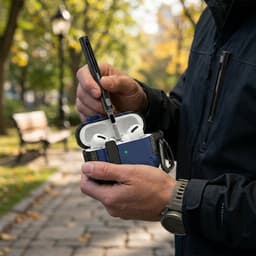 Blauw robuust hoesje voor oordopjes met carbon look geschikt voor AirPods Pro 3 inclusief schoonmaakset en karabijnhaak – schokbestendig en duurzaam — thumbnail 4