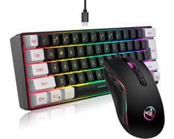 HXSJ V700BW+A869 USB-computertoetsenbord- en muisset met 61 toetsen, bedraad, RGB-achtergrondverlichting + bedrade gamingmuis met kleurrijke LED-verlichting, 4 bewegingssnelheden, max. 3200 DPI voor pc en laptop