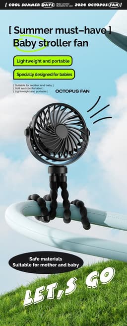 Handventilator - Draagbare Ventilator Oplaadbaar - Zwart - Hand Tafelventilator Draadloos - Kinderwagen Mini Fan - 3 Standen - mini ventilator - festival ventilator - octopus ventilator — thumbnail 2