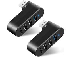 USB 3.0-hub met 90°/180° draaibaar, USB-hub met 1 USB C-voedings-/datapoort, USB-extender/USB-splitter Geschikt voor laptops, pc's, auto's, iMacs, MacBook Air/Pro, Tesla-2-pack