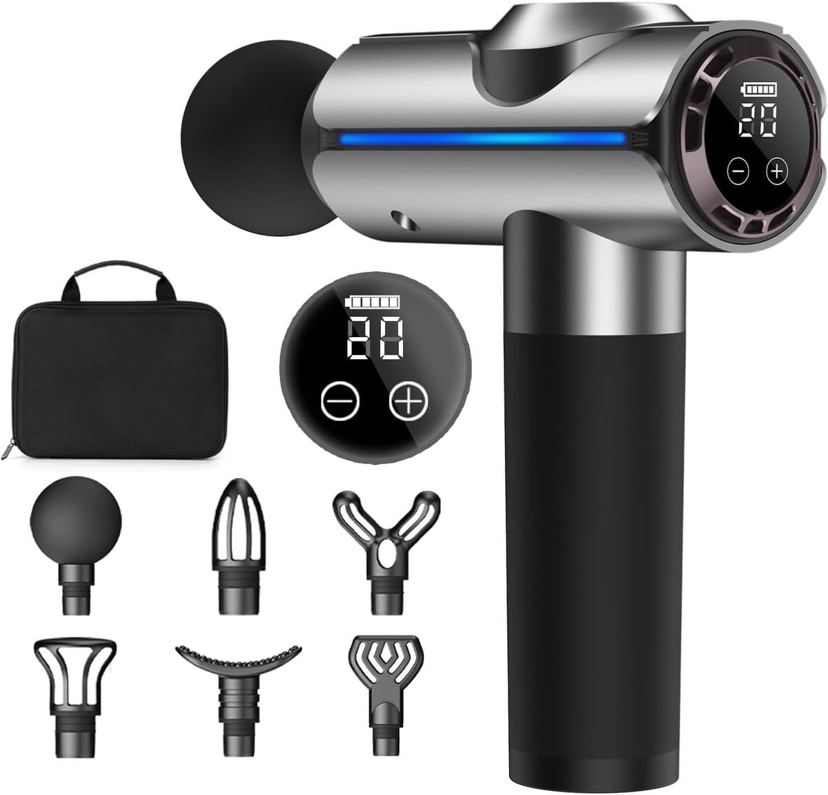 Percussiemassagepistool, elektrisch handzaam spier- en rugmassage-apparaat, diepe weefselmassage voor atleten, pijnverlichting, met 20 snelheden en led-display, geleverd met draagtas, geweldig cadeau voor mannen/vrouwen, zilver — afbeelding 1