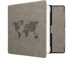 kwmobile e-reader hoesje geschikt voor Amazon Kindle Scribe (2024) hoes - Ereader flip case met standaard - Kunstleren e reader cover - Wereldkaart design in grijs