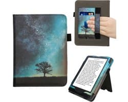 kwmobile e-reader hoesje geschikt voor Amazon Kindle Paperwhite (2024)/Colorsoft hoes - E reader flip case van kunstleer - Ereader cover met stand - Sterrenstelsel en Boom design in blauw / grijs / zwart