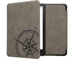 kwmobile e-reader hoesje geschikt voor Amazon Kindle Paperwhite (2024)/Colorsoft hoes - Ereader flip case met standaard - Kunstleren e reader cover - Vintage Kompas design in grijs