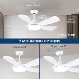 RFWR® Plafondventilator met licht en afstandsbediening, 106 cm, stille DC-motor, 5 vleugels, 6 snelheden, geheugenfunctie, wit — thumbnail 2