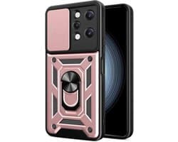 Case voor Motorola Moto E20 - Schokbestendige case met Ringhouder en standaard, schuifcamera, dubbele laag siliconen TPU + hard PC Cover Rose Gold