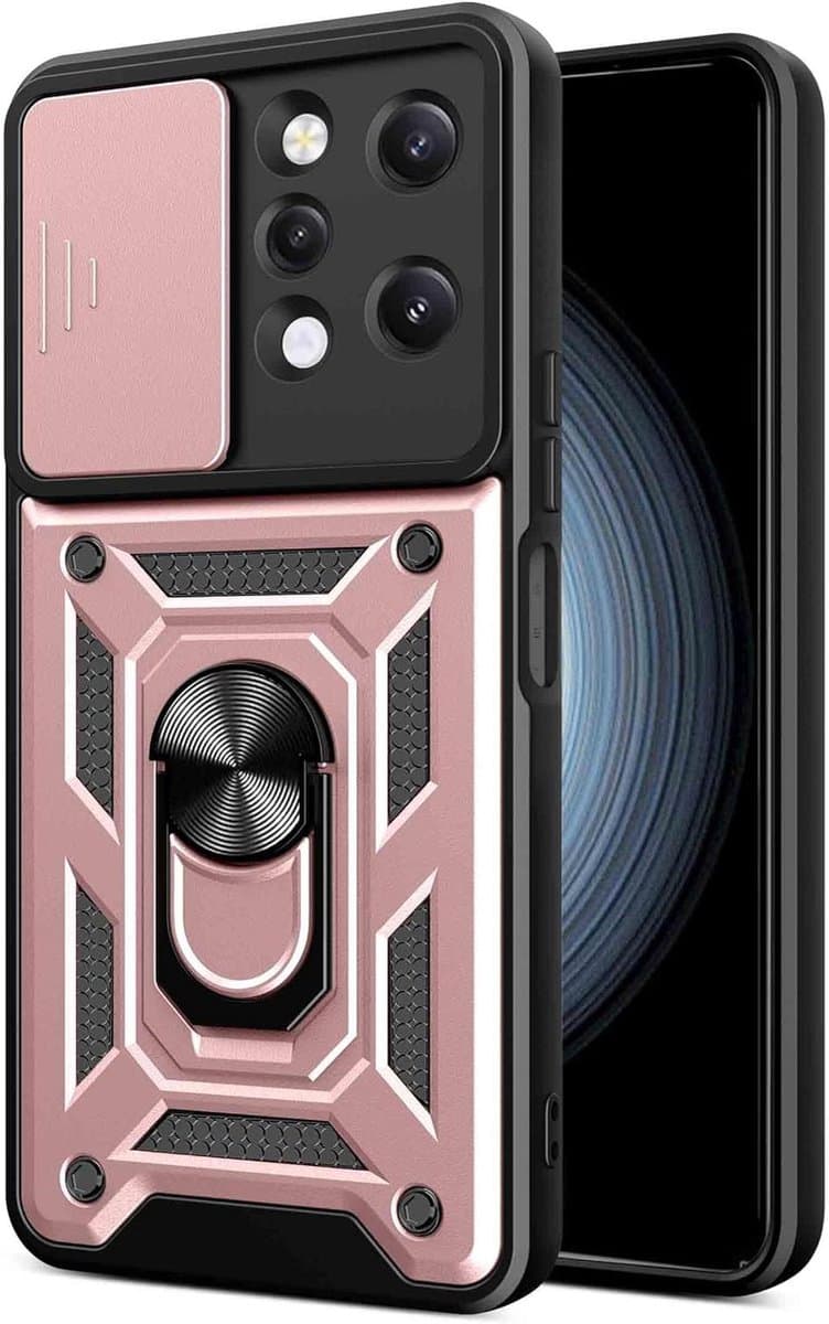 Case voor Motorola Moto E20 - Schokbestendige case met Ringhouder en standaard, schuifcamera, dubbele laag siliconen TPU + hard PC Cover Rose Gold — afbeelding 1