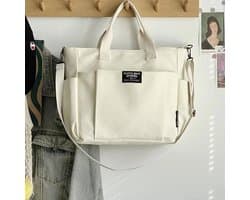 Canvas Schoudertas Wit – Grote Capaciteit Tote – Laptop – Casual Schooltas & Werktas