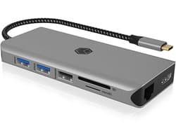 ICY BOX IB-DK4061-CPD 12-in-1 USB-C Docking Station met 2x HDMI (tot 8K/30Hz of 2x 4K), Gigabit LAN, SD/microSD kaartlezer, 4x USB, audio jack, Power Delivery 100W pass-through, compact design