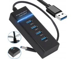 Supersnelle USB 3.0 HUB – 4-Poorts Splitteradapter | Poortuitbreiding voor Laptop & PC | Zwart | 5 Gbps Overdracht | LED-indicator