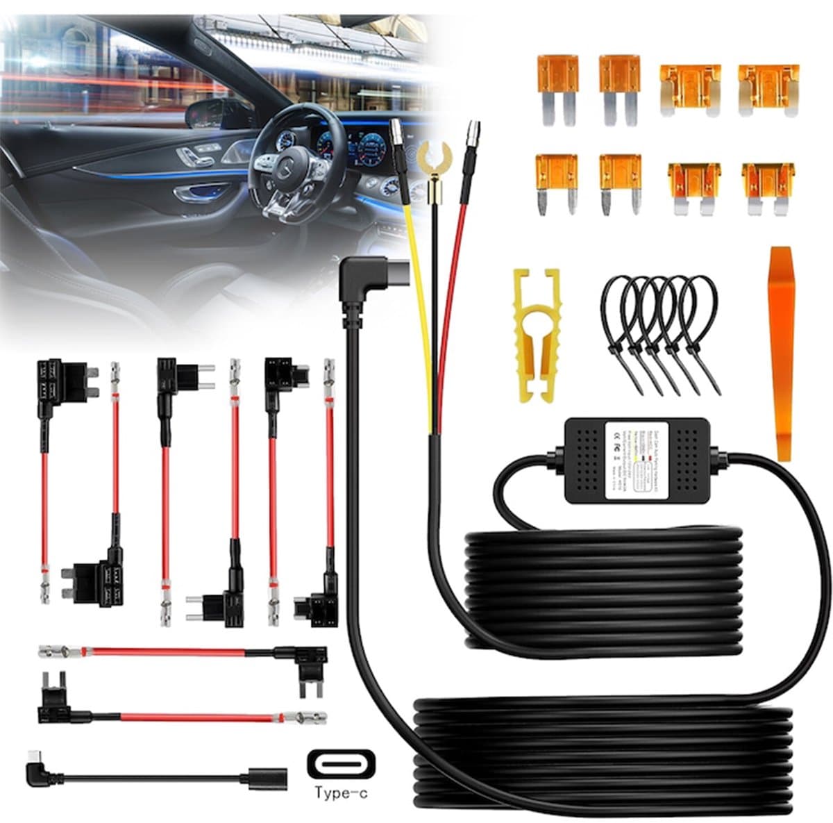 Gsedaox-Dascham Hardwire Kit-12-24V la Type-C 5V/2A-3.5mMultisize Hardware Kit Dashcam voor auto-Accustroom - Constante Voedin — afbeelding 1